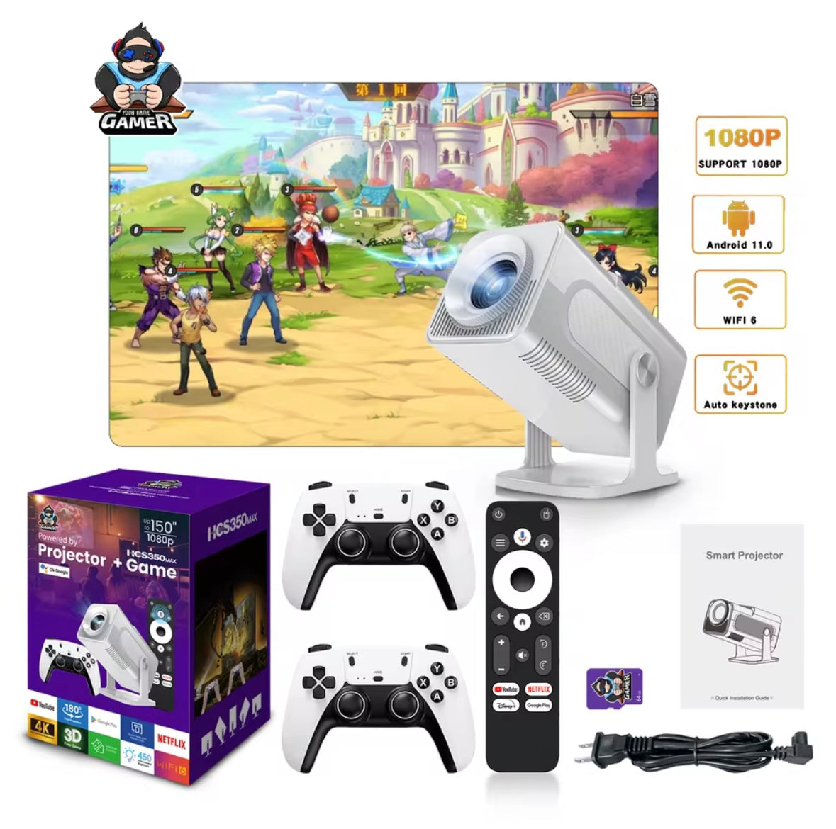 Elitezza Android Gaming Projector With 2 Wireless Controllers - Android 12